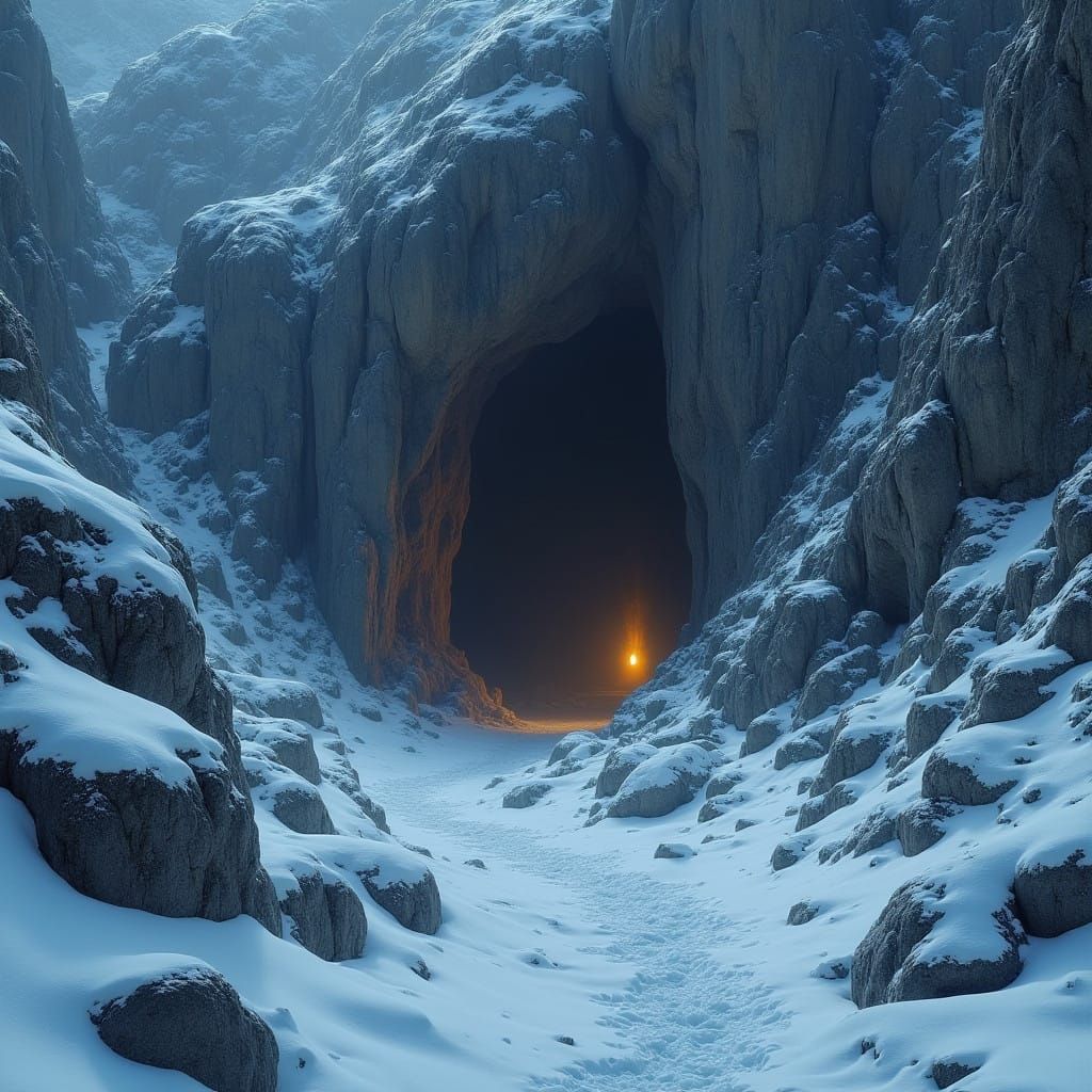 Mysterious Cave Entrance on Snowy Mountain Face