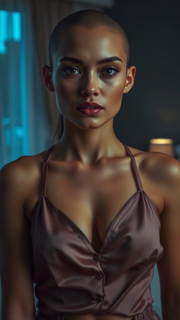 Cinematic Night Portrait of Elegant Bald Woman
