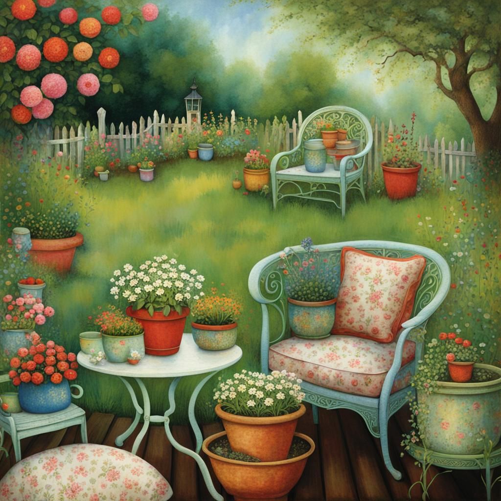 Enchanting Garden Seating Area in Children's Illustration St...
