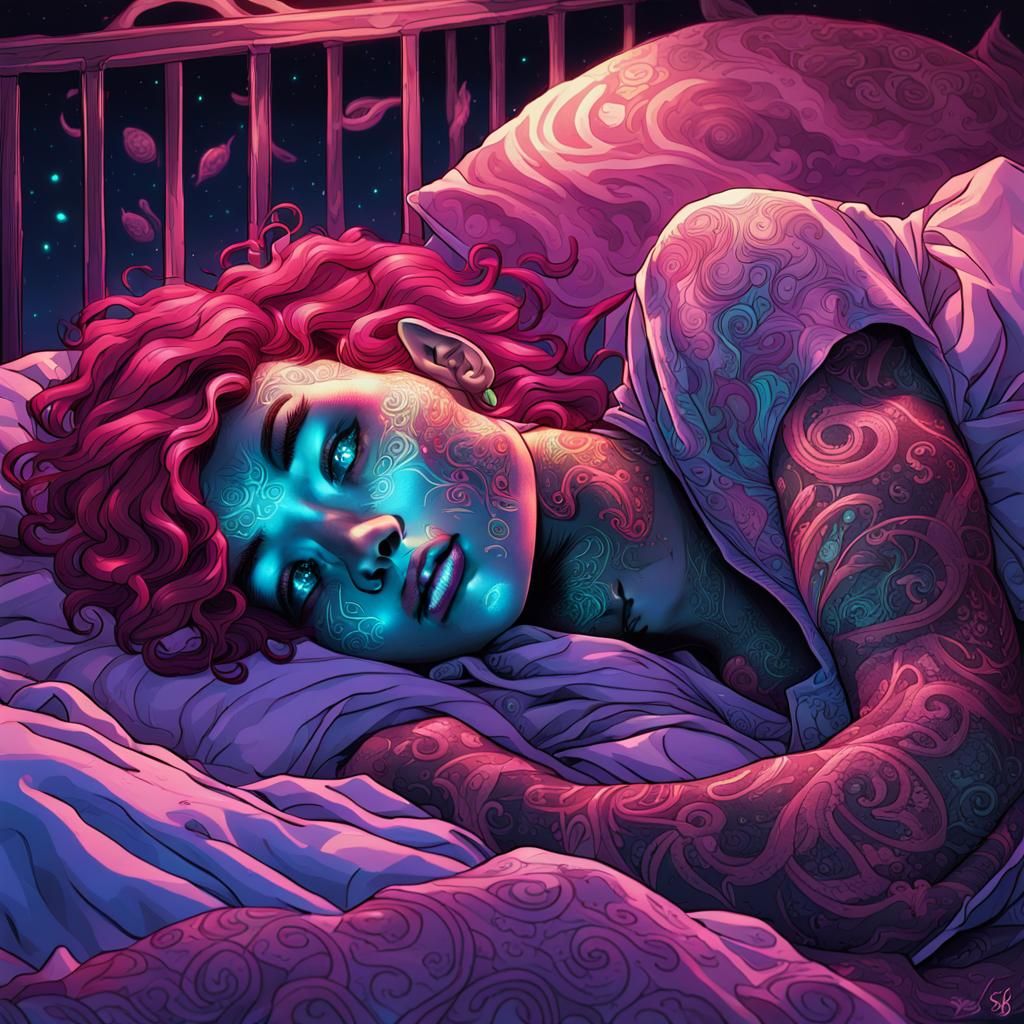 Bioluminescent Comic Art: Magenta-Haired Woman in Bed