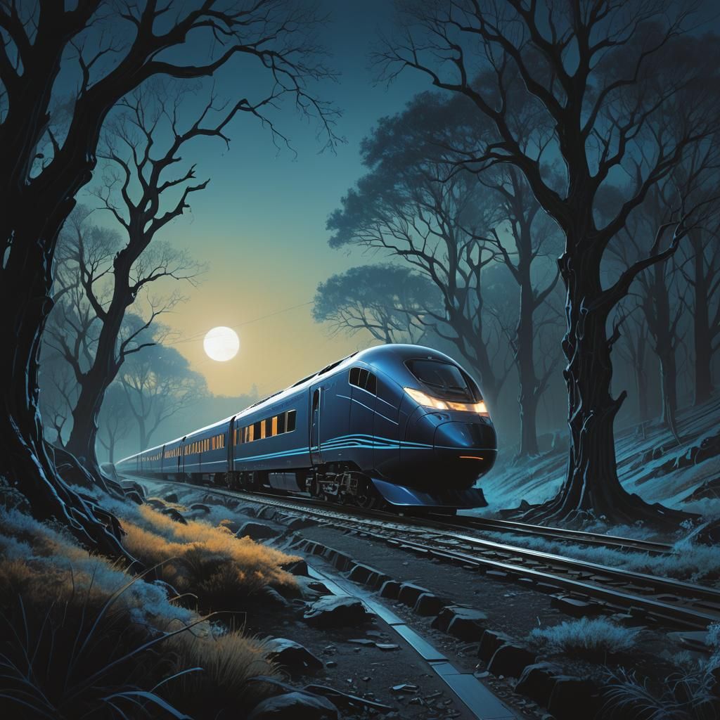 High-Speed Train Races Under Black Moon, Fantasy Art