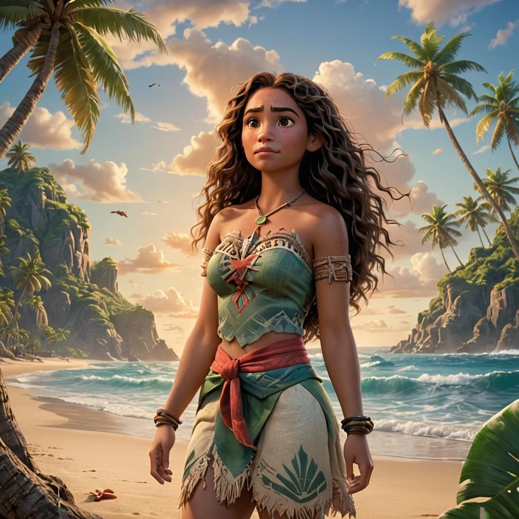Moana Stands on a Seaside Cliff, Gazing Out at the Endless O...