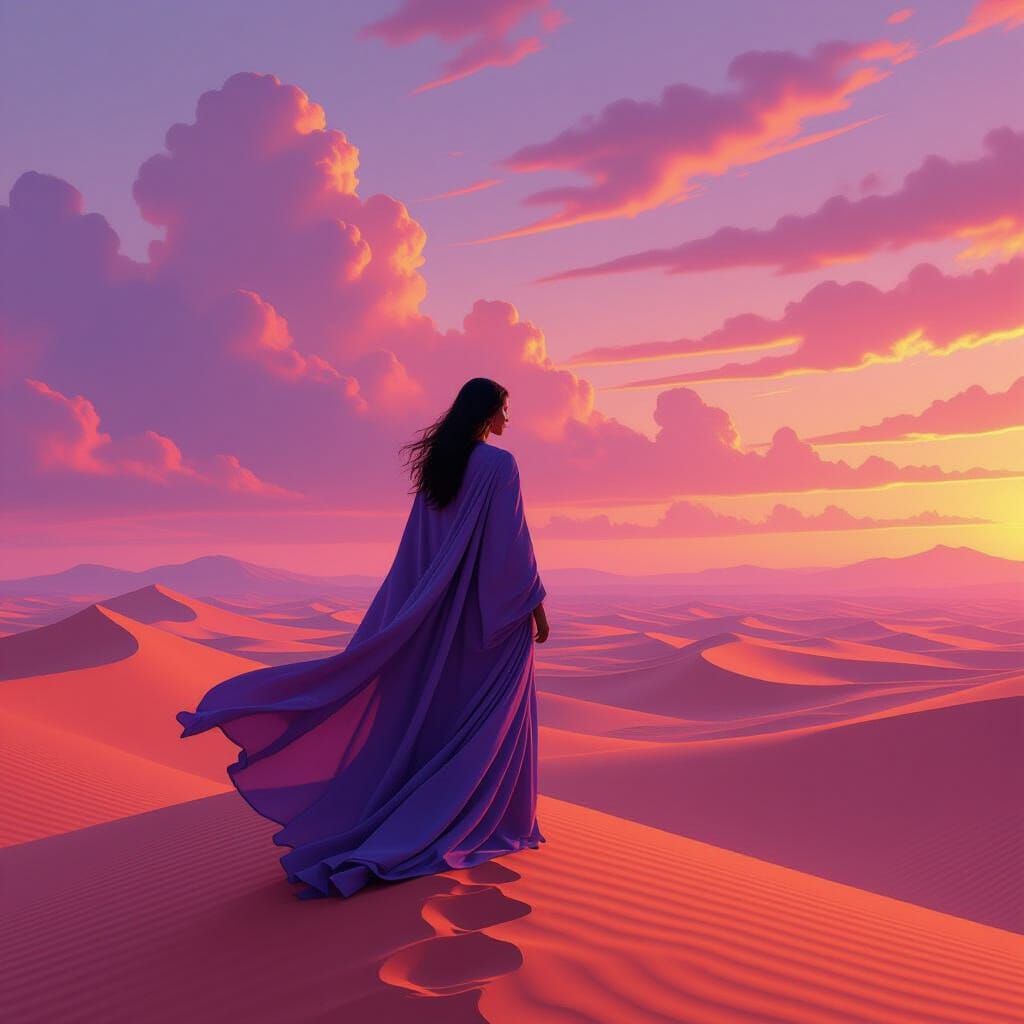 Desert Queen in Surreal Landscape with Colorful Dunes