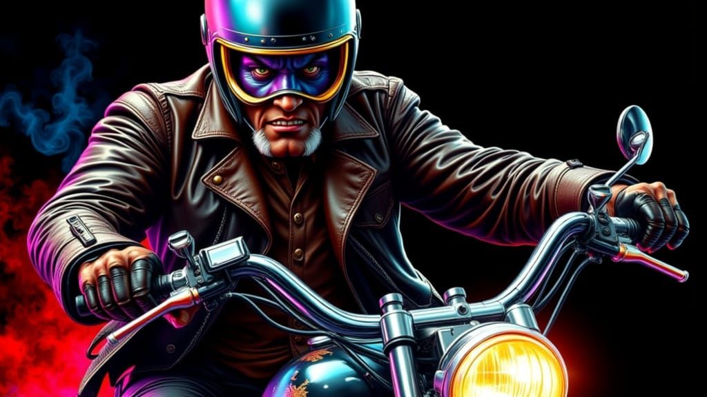 Pitbull Biker on Harley in Airbrush Art Style
