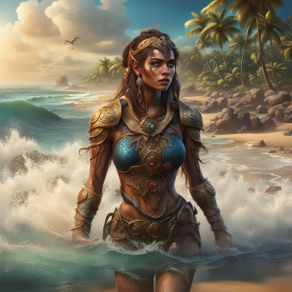 Woman on Beach: Detailed Matte Painting in Fantasy Style