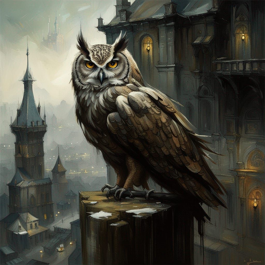 Giant Owl Watching Over Medieval City