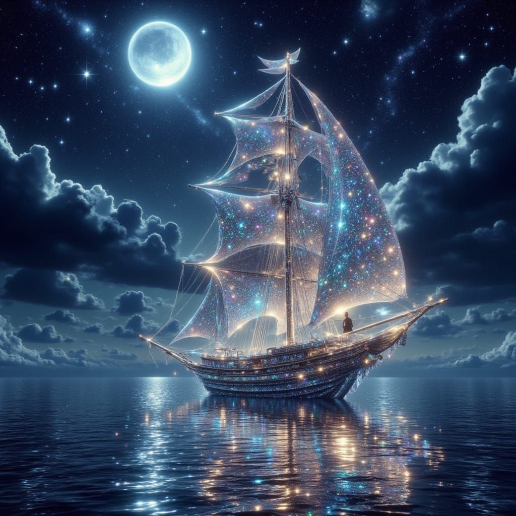 Magical Holographic Sailship Over Shimmering Sea