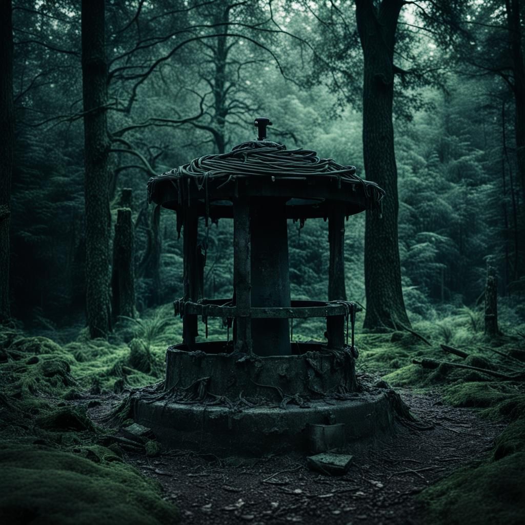 Eerie Well in Haunted Forest: Cinematic Film Still