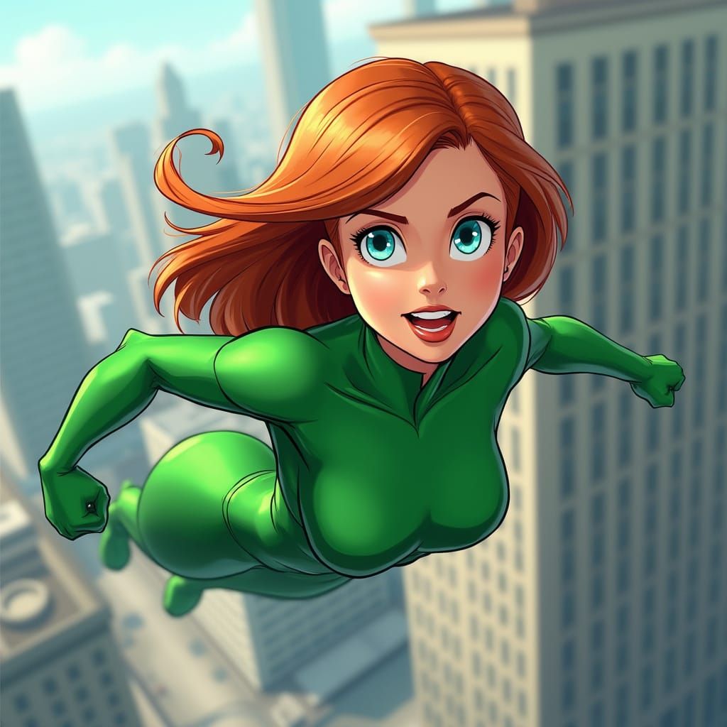 Invincible Superheroine Soars Through Urban Skies in Vibrant...
