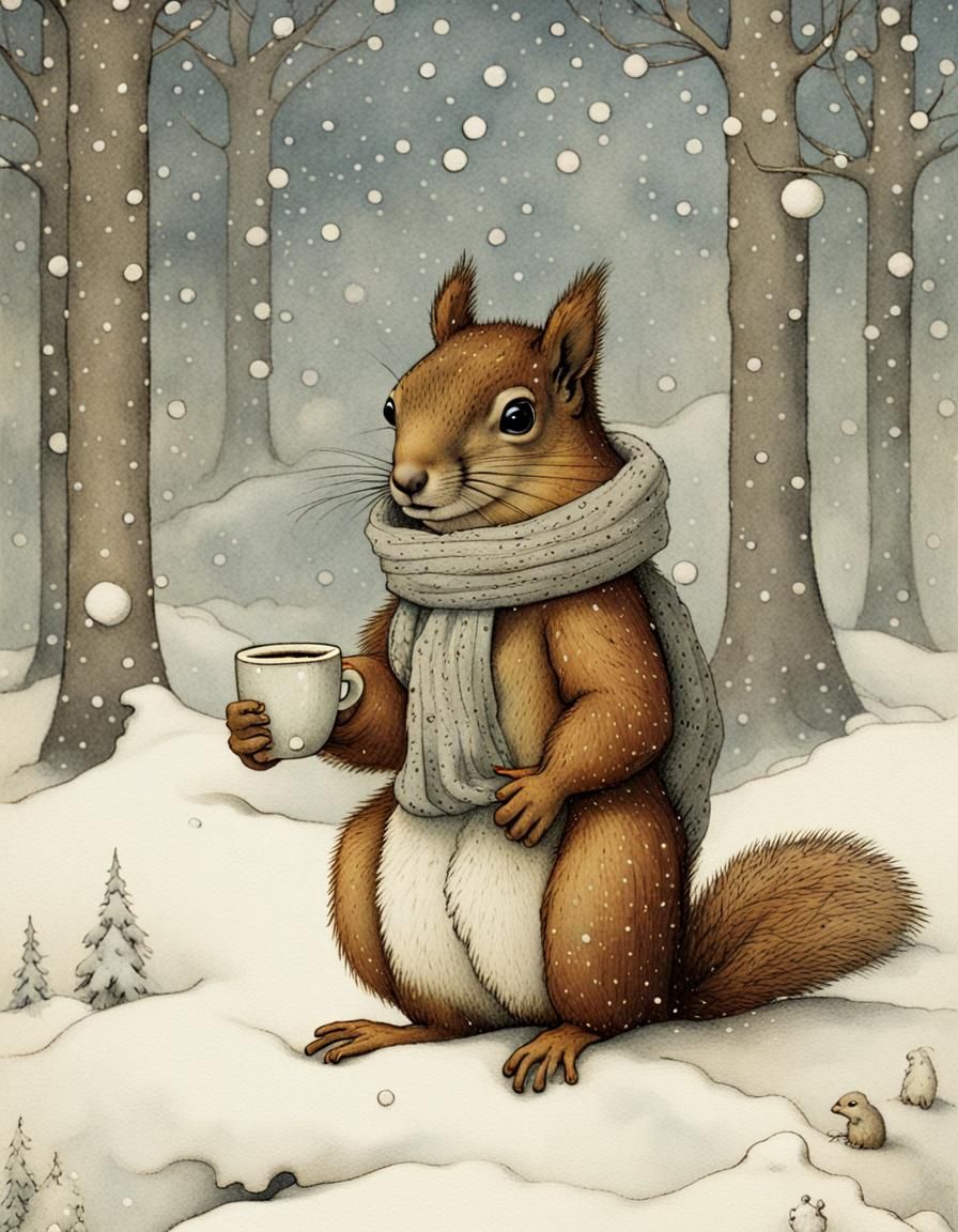 Squirrel Winter Scene in John Bauer Style