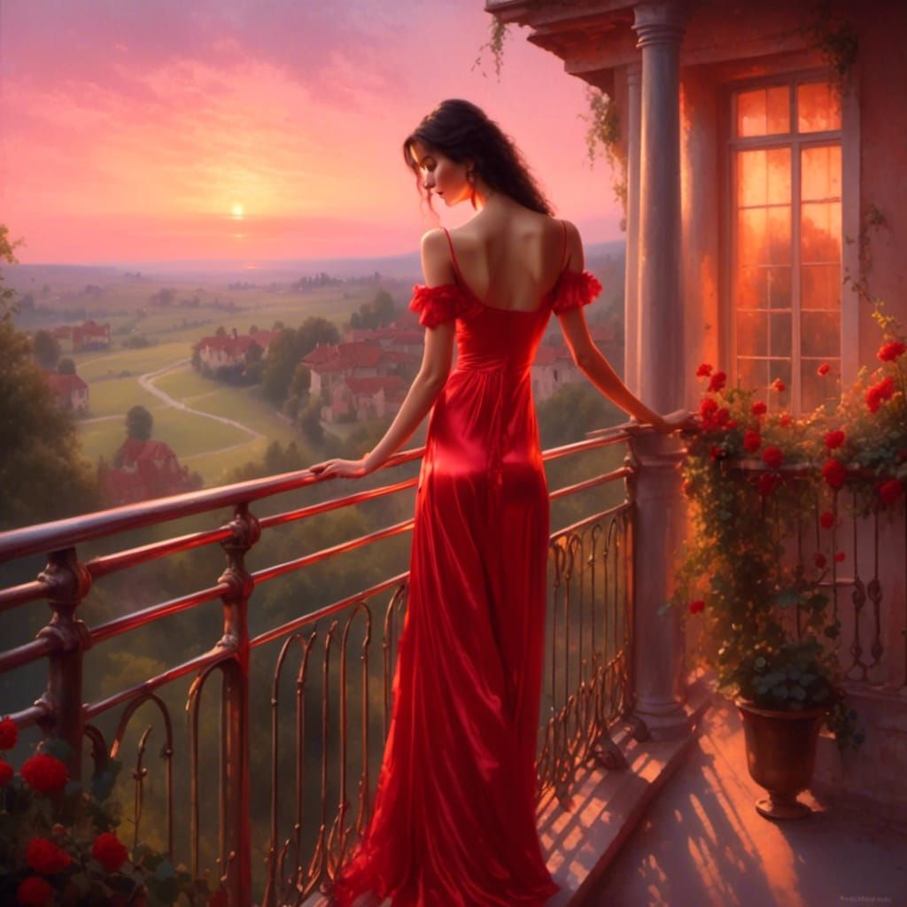 Woman on Balcony at Dawn in Romantic Style
