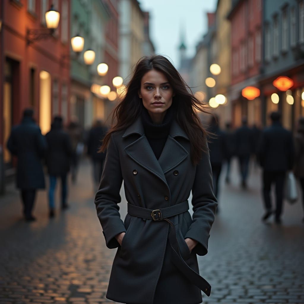 Scandinavian Woman Walking in Gamla Stan: Ethereal Glow