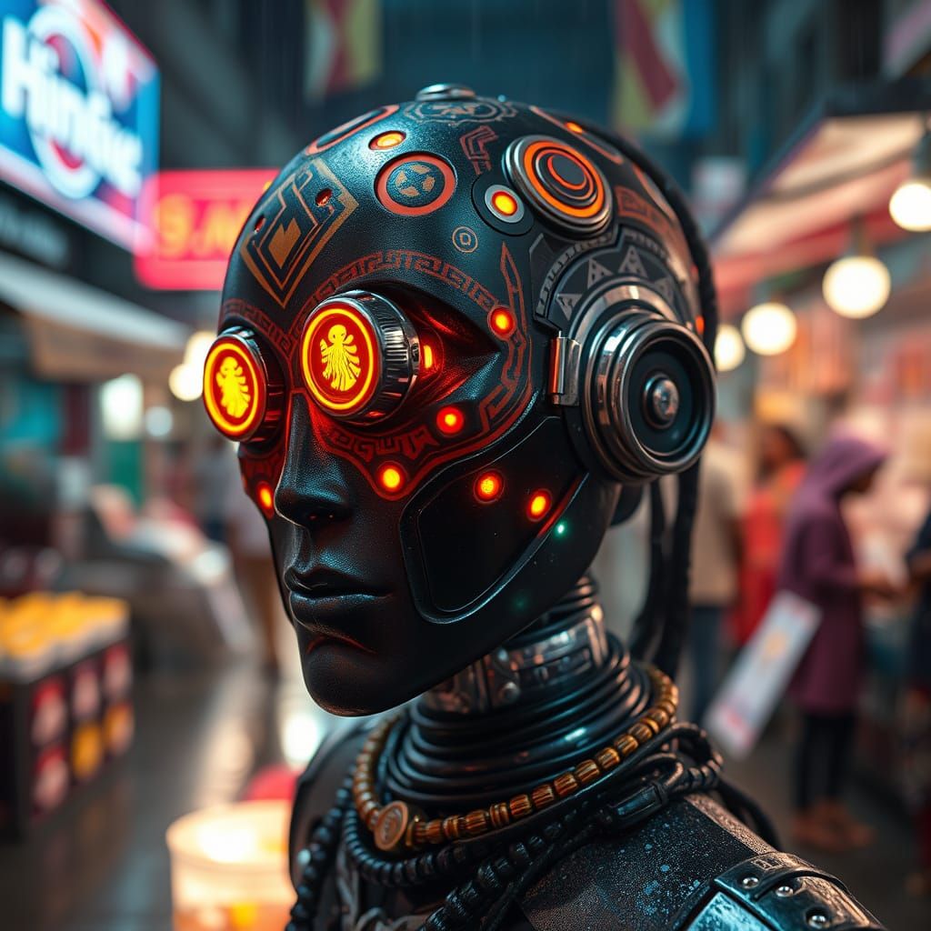 Cybernetic Griot Action Figure Box in Lagos Tech Market