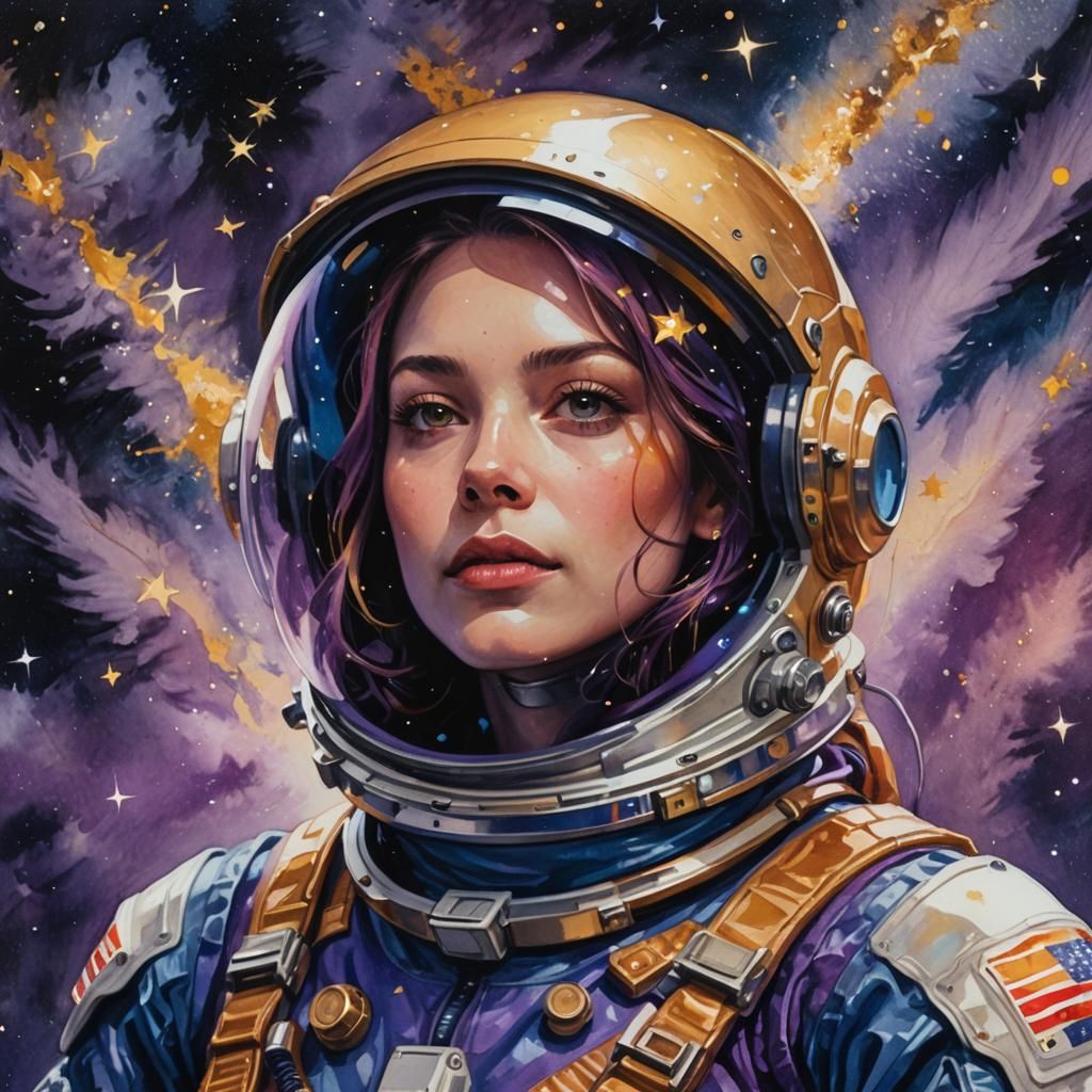 Woman in Spacesuit: Gouache Painting with Luminous Colors