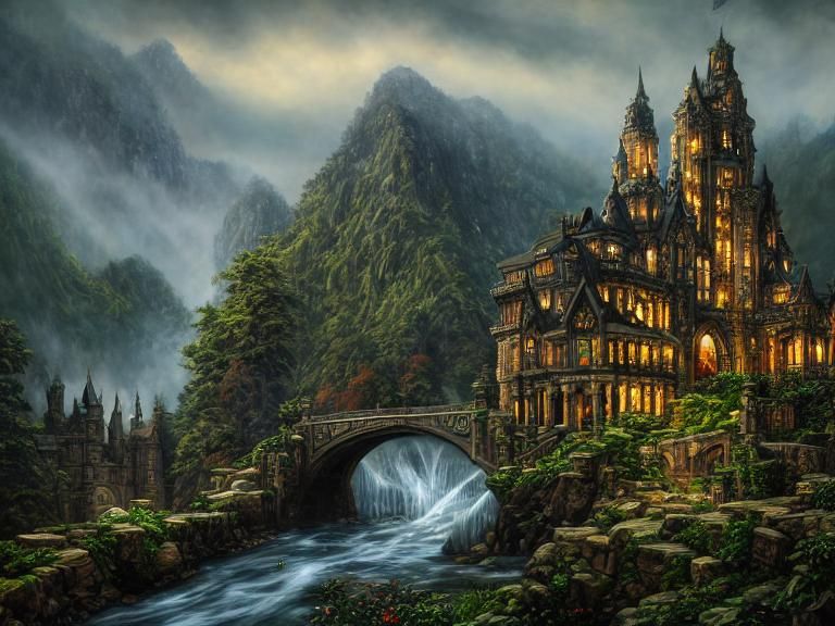 Majestic Mountain Village Panorama in Art Deco Style