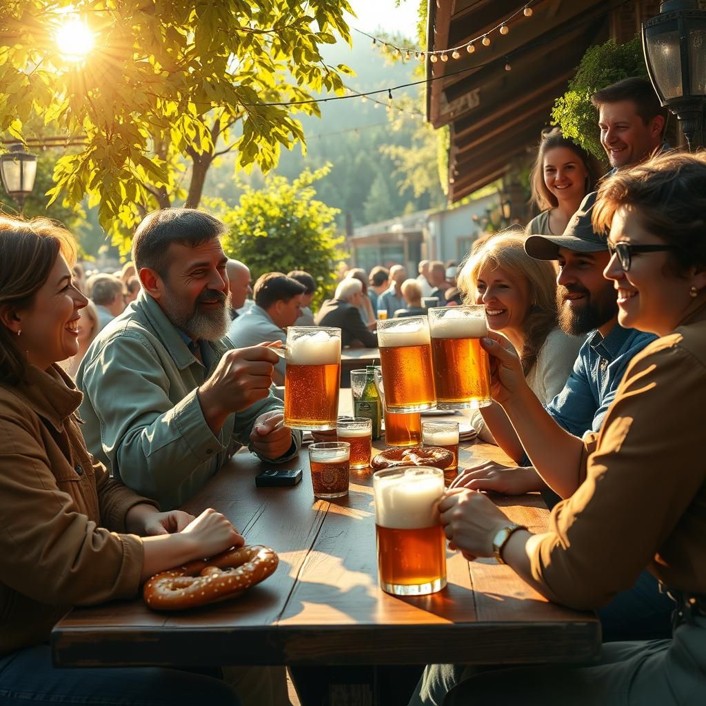 Lively Beer Garden Scene in Impressionist Style