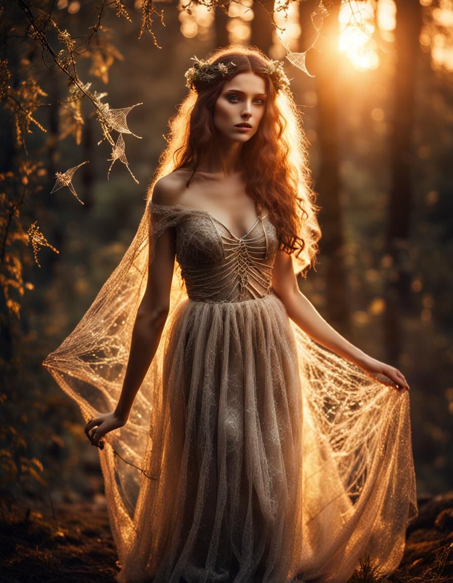 Wood Nymph in Spiderweb Dress: Ethereal Fantasy Art