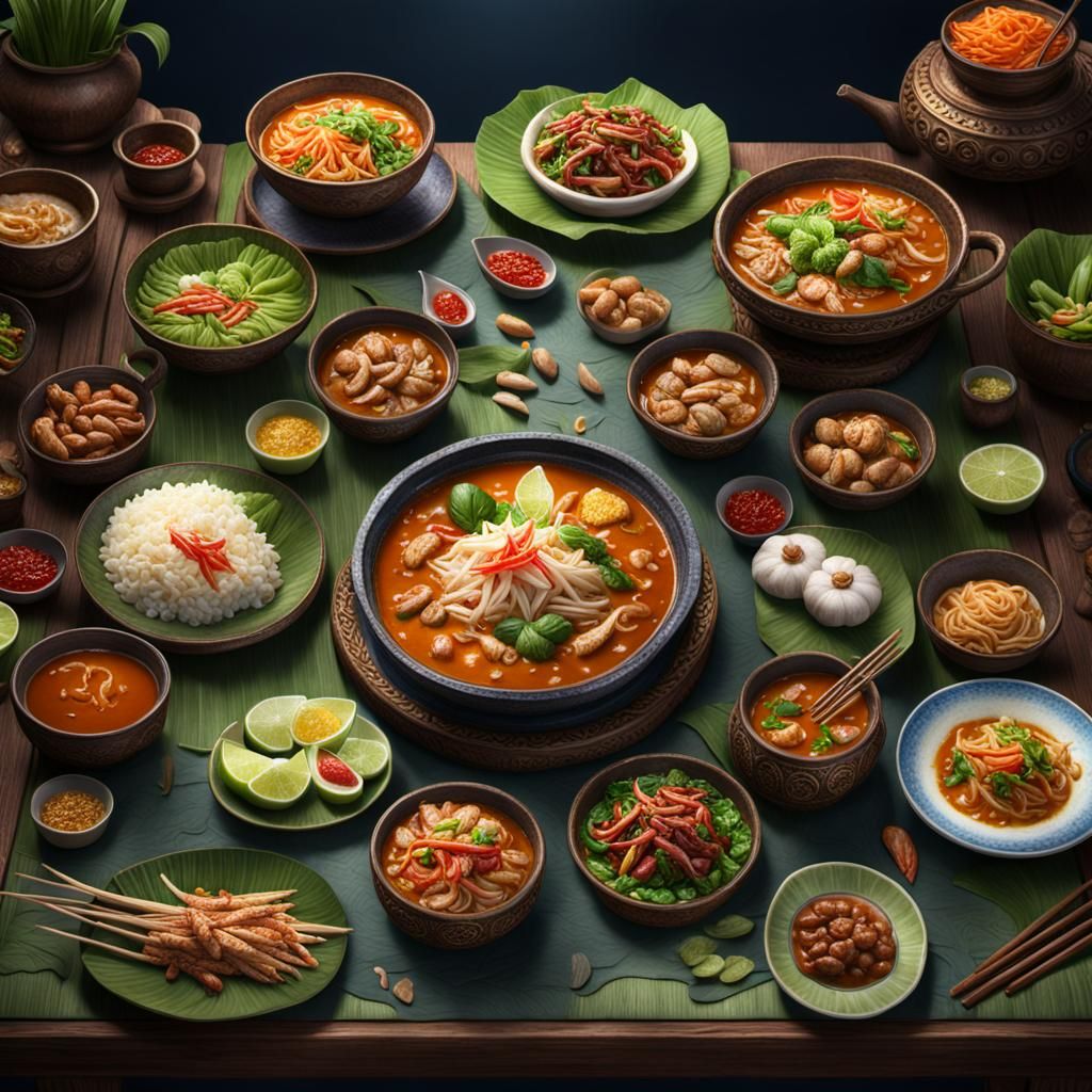 Detailed Thai Food Table in Deep Color