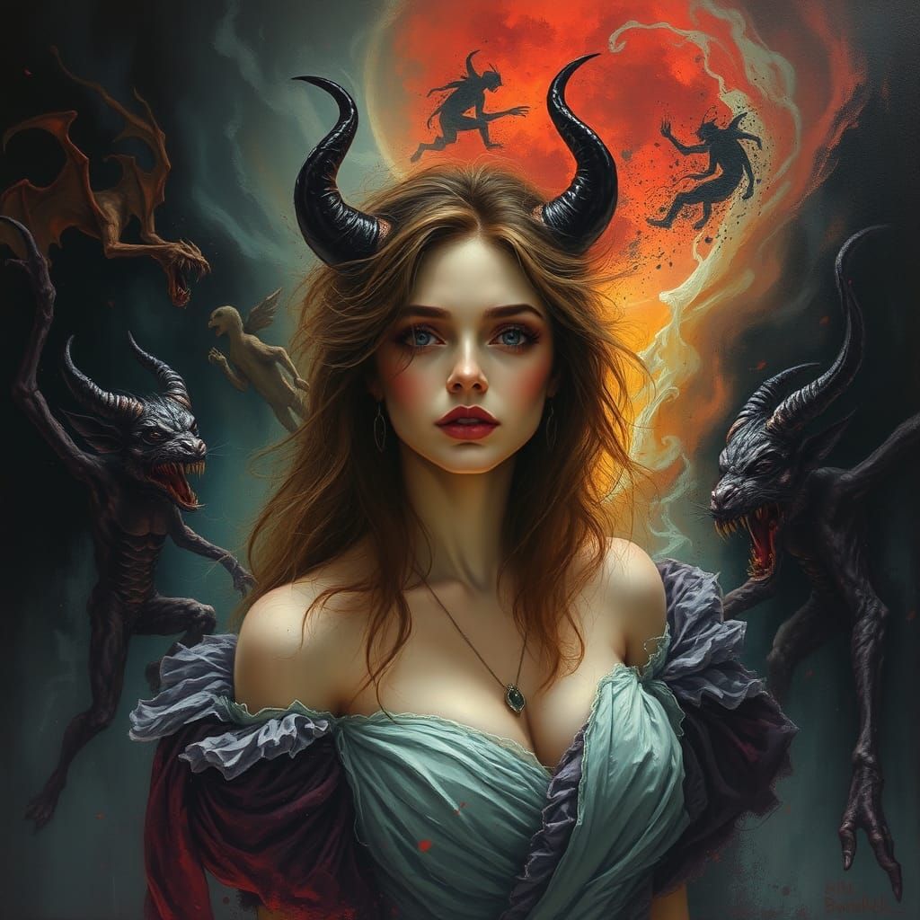 Mystical Woman with Demons in Dreamlike Oil Painting