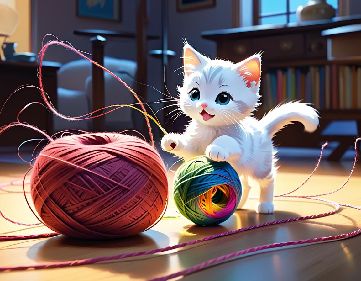 Cute Kitten Chasing Yarn: Anime Style Illustration
