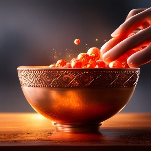 Glowing Copper Bowl with Neon Marbles at Sunrise