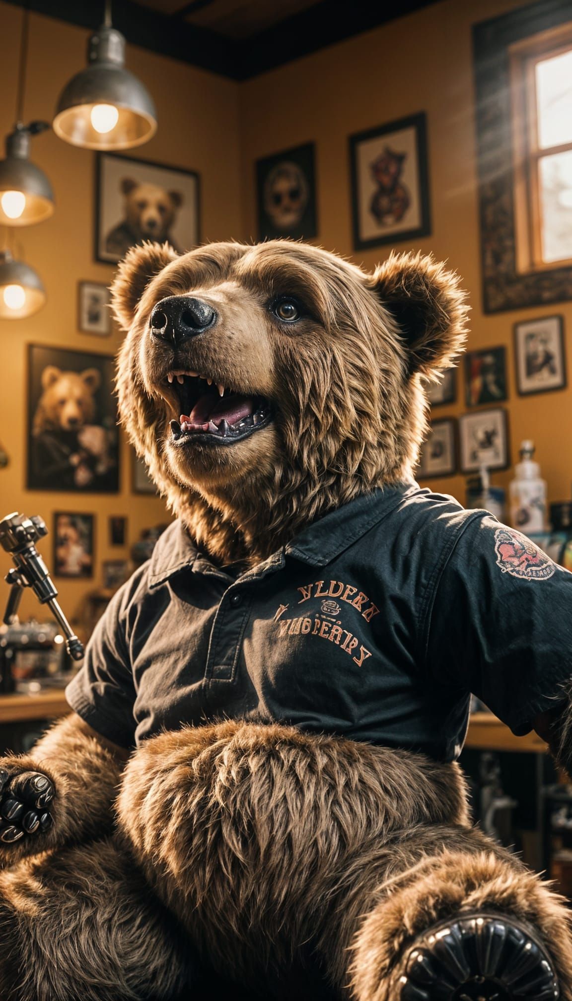 a teddybear sits in a tattoo studio and is being tattooed. T...