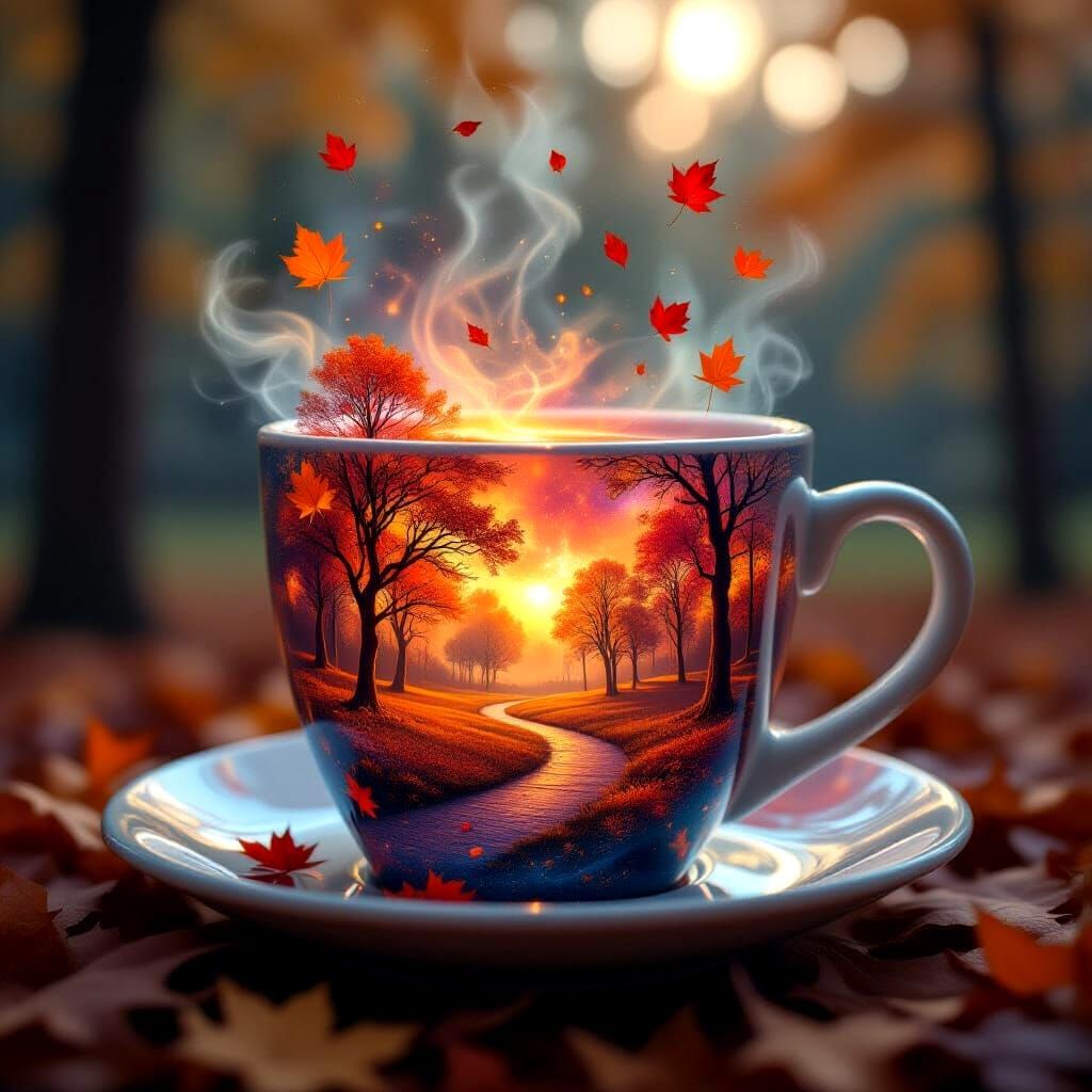 Cosmic Autumn Park Illustration in Holographic Style