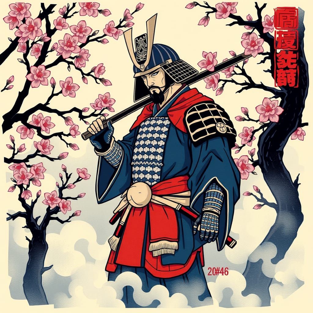 Majestic Samurai in Ukiyo-e Japanese Garden