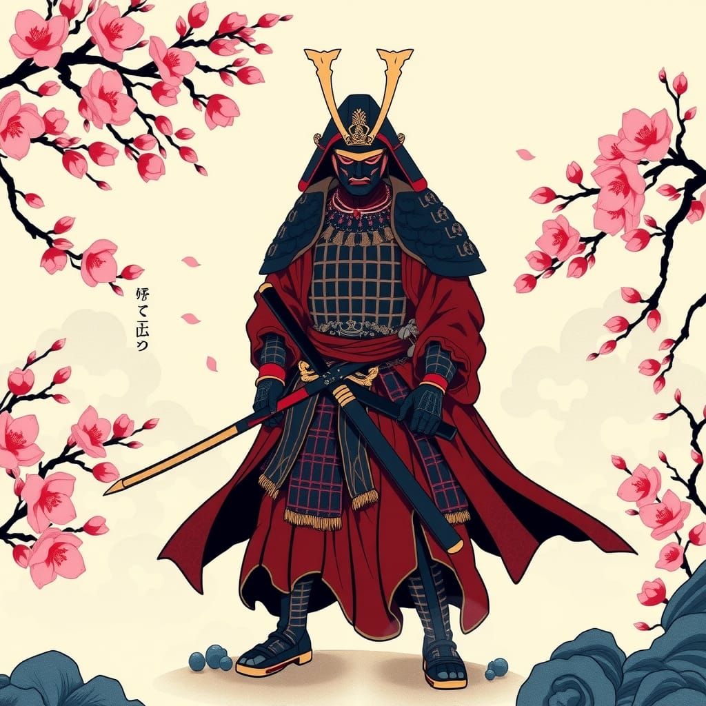 Majestic Samurai in Ukiyo-e Japanese Garden