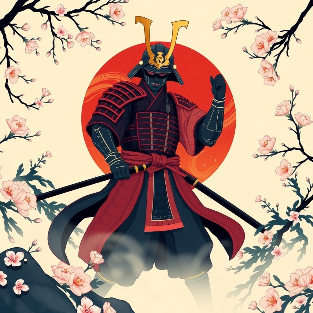 Majestic Samurai in Ukiyo-e Style Cherry Garden