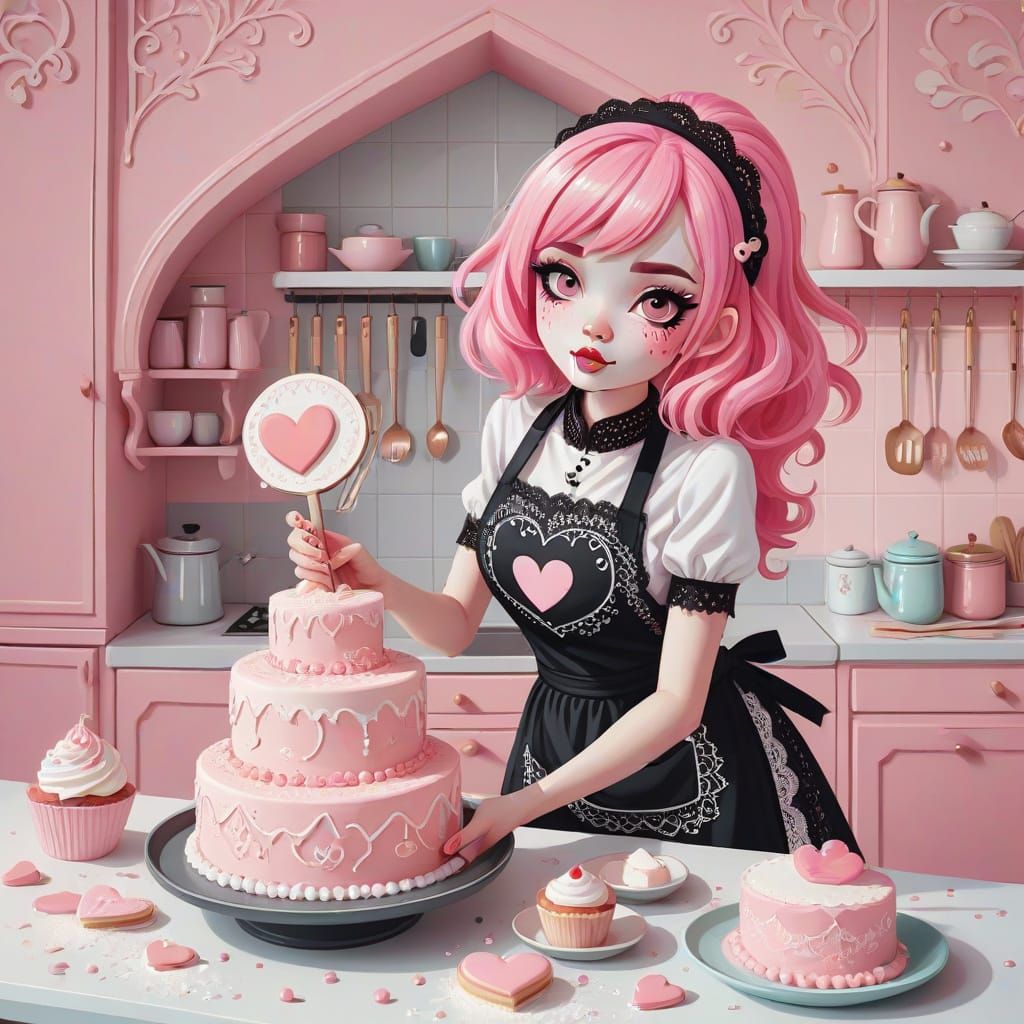 Gothic Sweetheart in Whimsical Pastel Kitchen