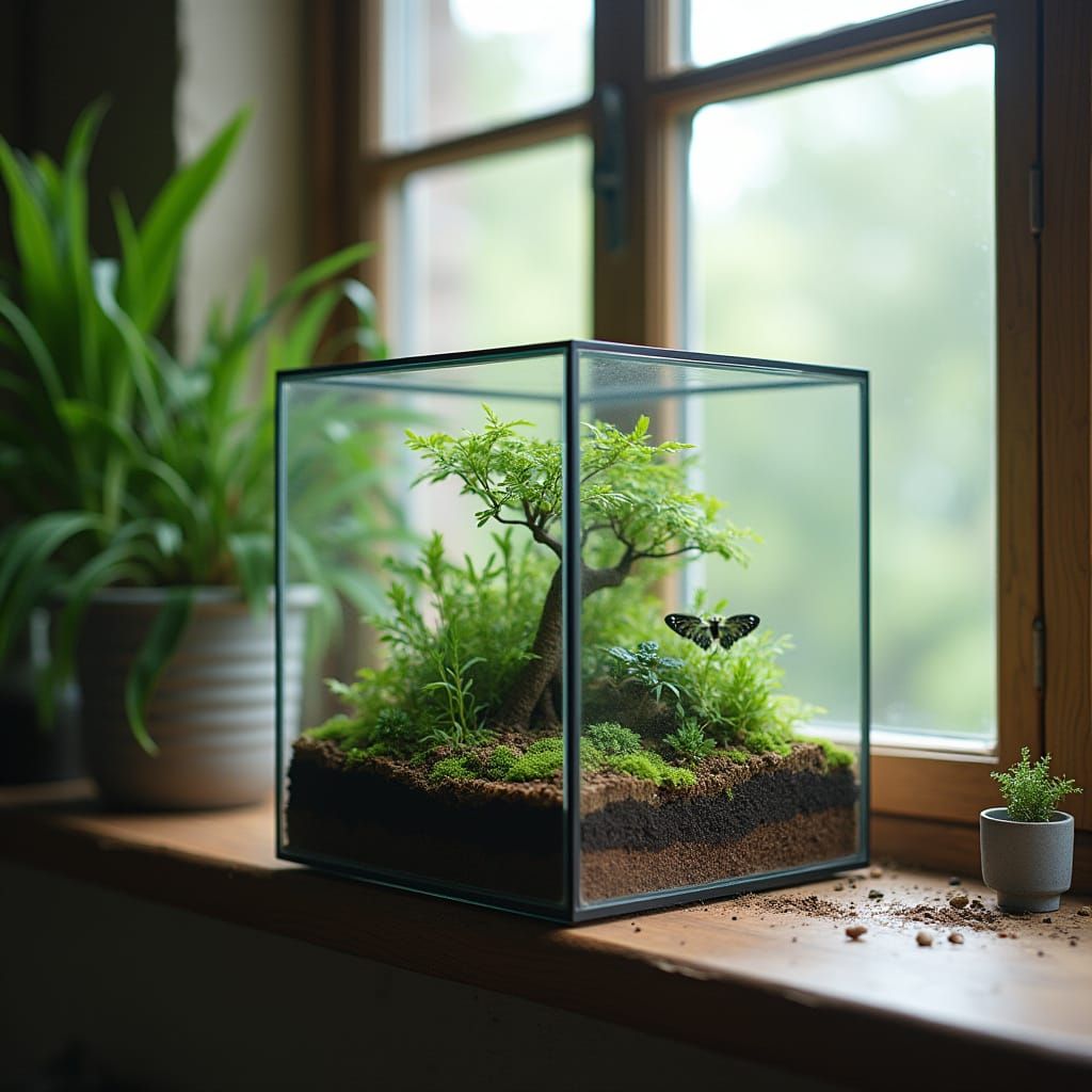 Glass Terrarium Cube on a Sunny Window Sill