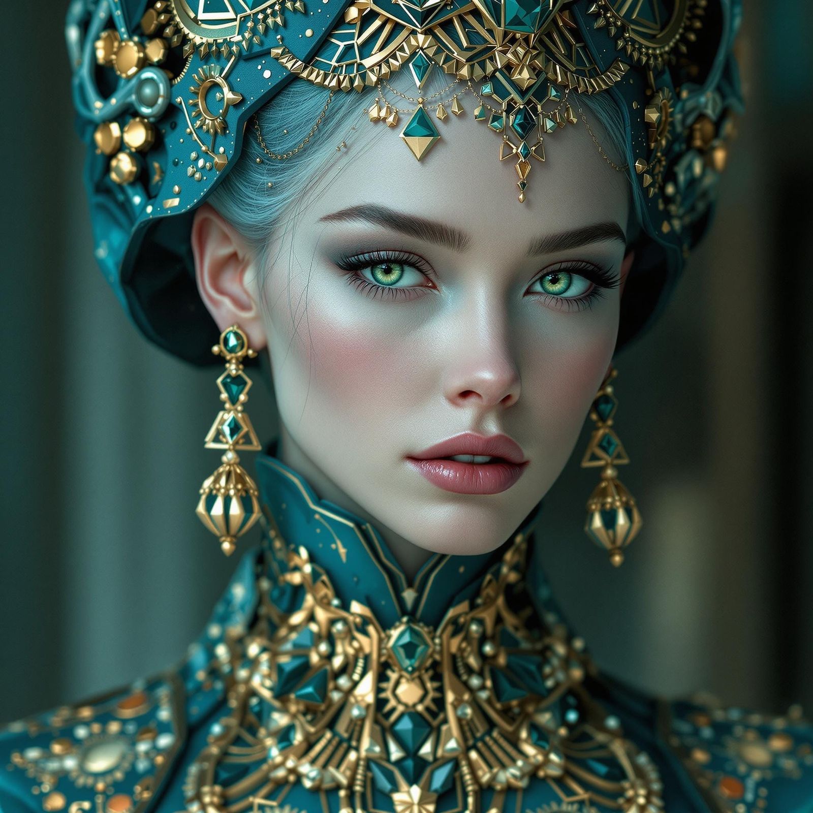 Hyperrealistic Woman in Teal and Gold Futuristic Attire