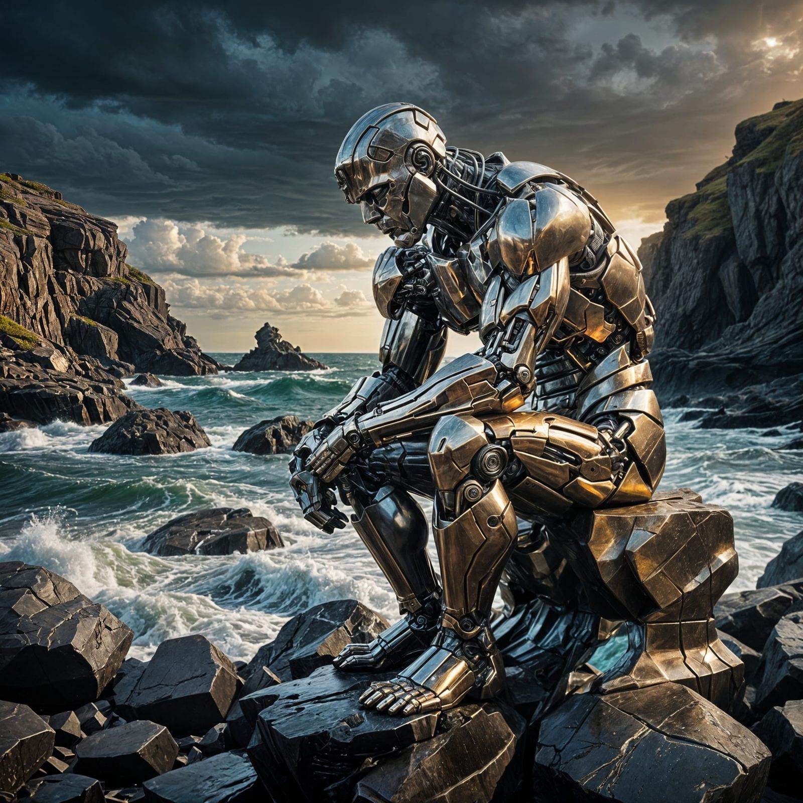 Cyborg Philosopher Contemplates Stormy Sea