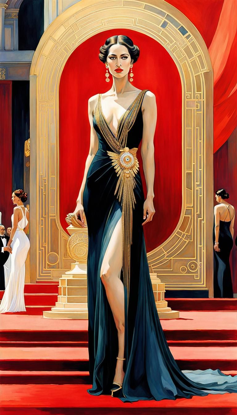 Stunning Woman Portrait on Red Carpet, Art Deco Style
