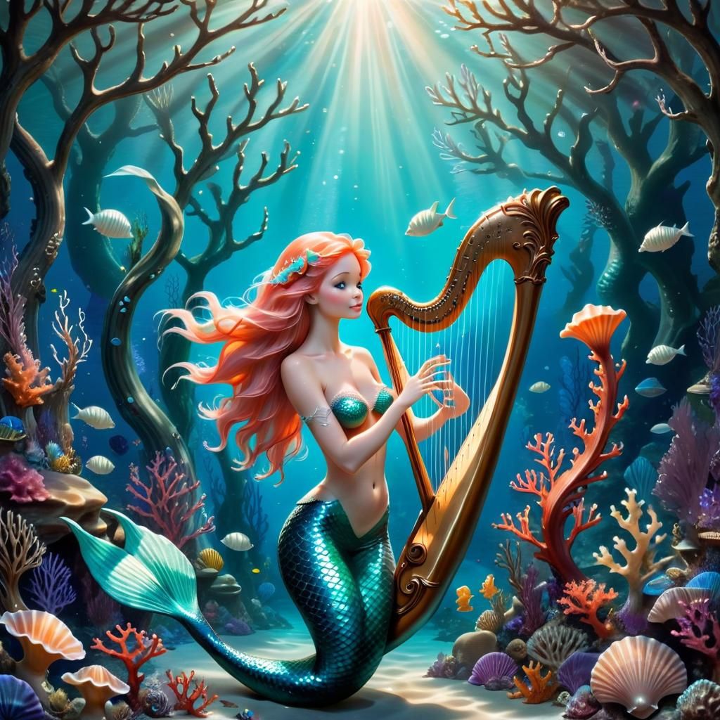 Enchanted Mermaid Playing Harp in Underwater Forest