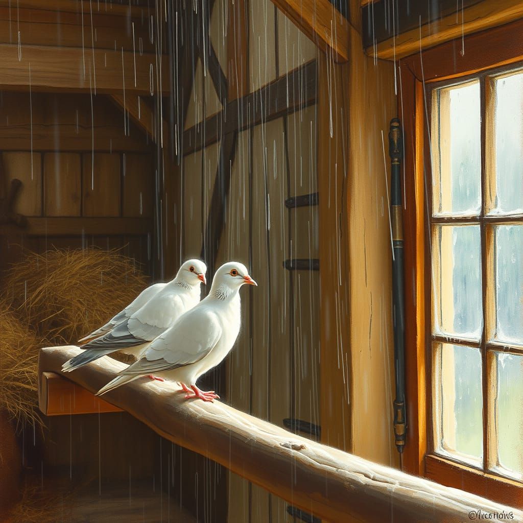 Victorian Doves in a Rainy Barn, Impressionist Style