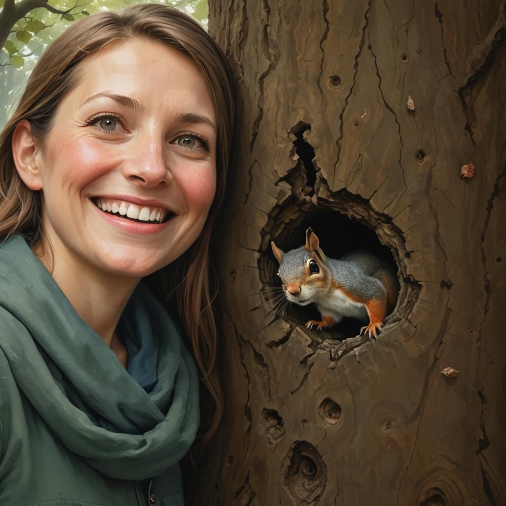 Woman's Outdoor Portrait with Squirrel Photobomb