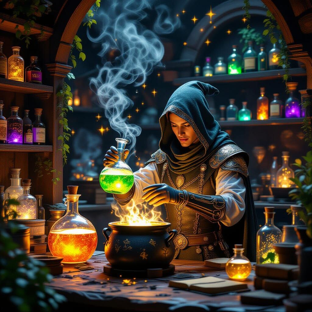 Magical Alchemist's Workshop with Glowing Potions