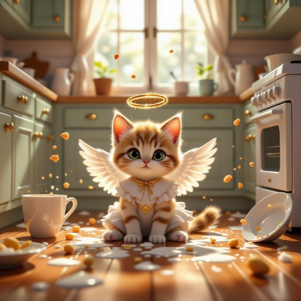 Cute Kitten in Angel Costume Amidst Kitchen Chaos