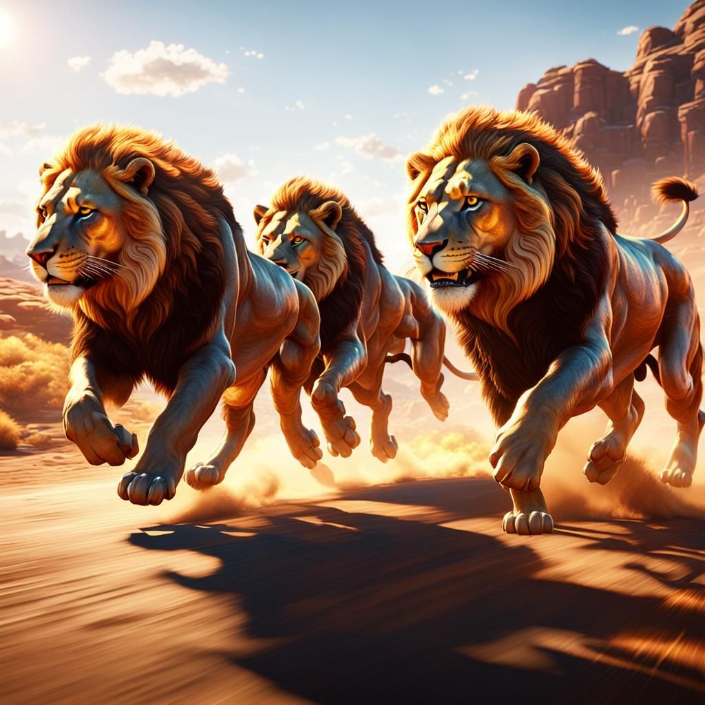 Colorful Lions Race in Radiant Sun: 3D Game Art