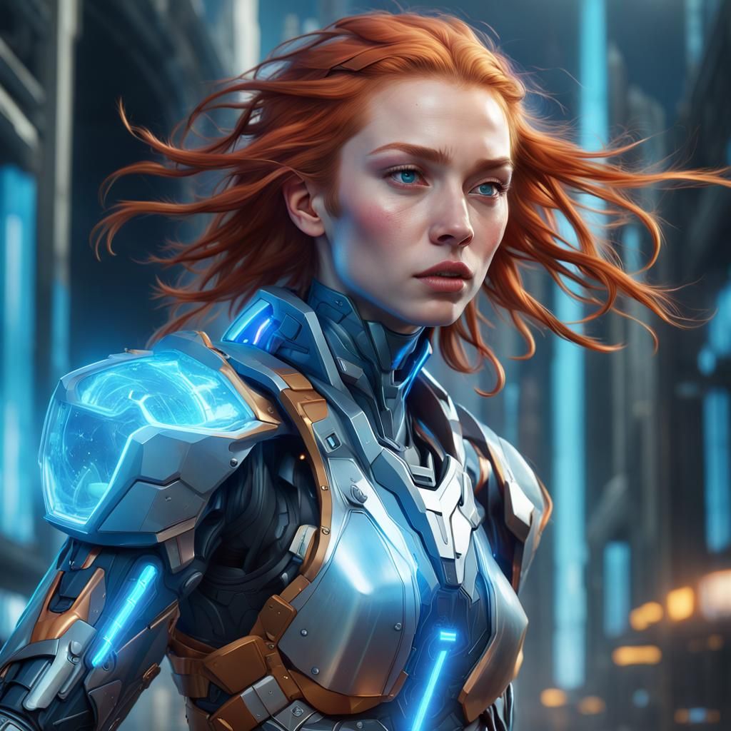 Ginger Hero in Futuristic Armor with Blue Energy