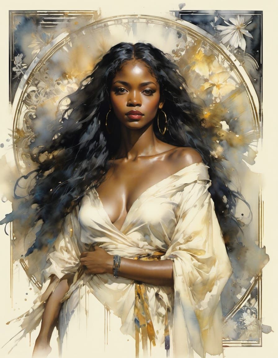 Watercolor Portrait of a Black Woman in Rustic Silk Robe