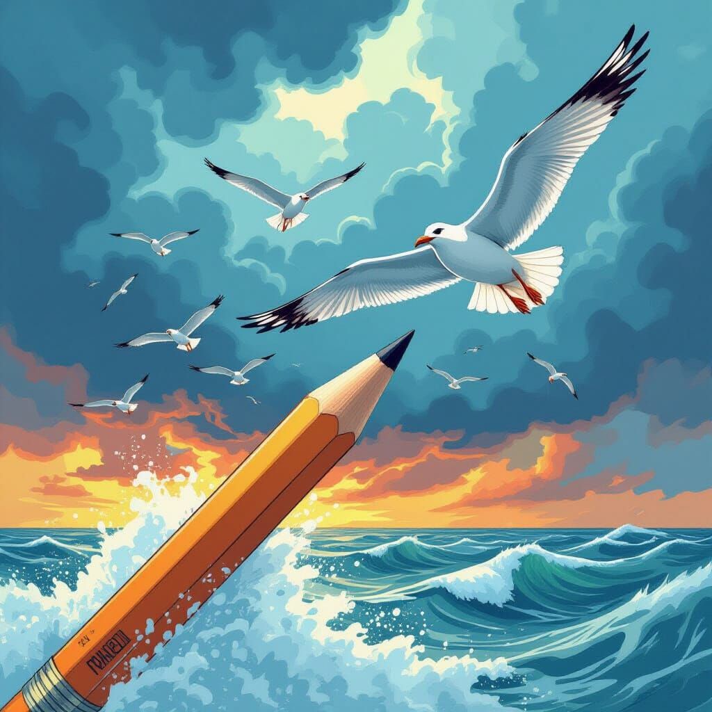 Pencil Transforms into Seagulls Over Stormy Sea
