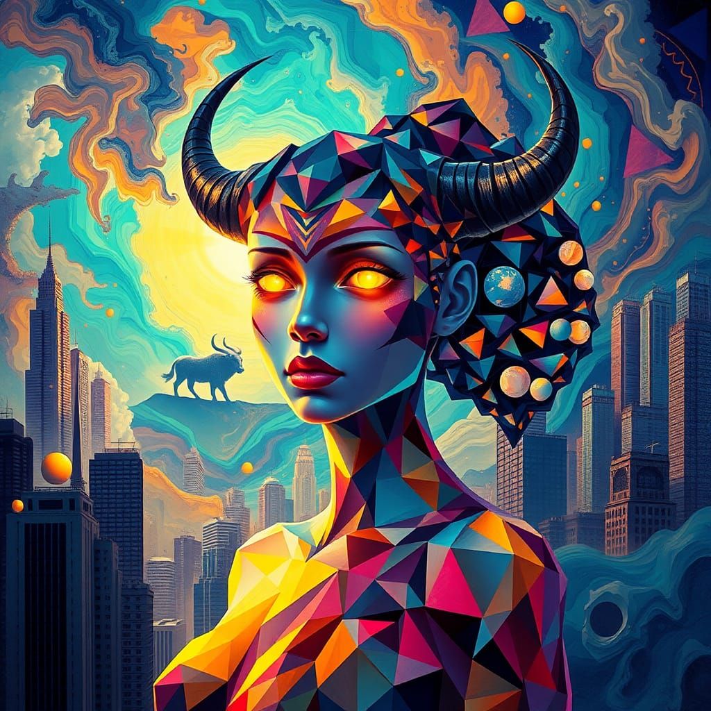 Celestial Being in Abstract Cubist Cityscape