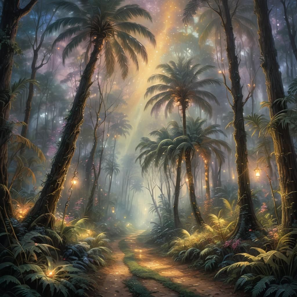 Ethereal Forest Path with Glowing Light