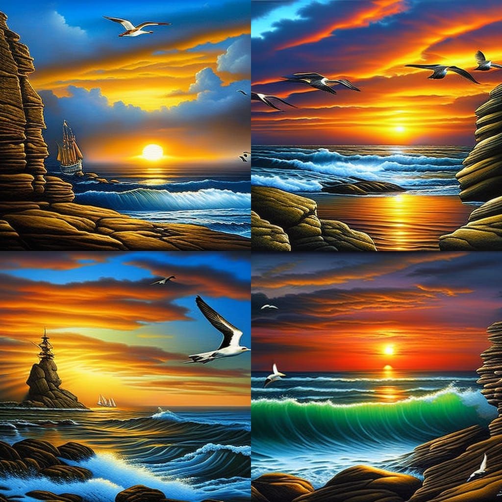 Seagulls at Sunset: Ocean View in Painterly Style