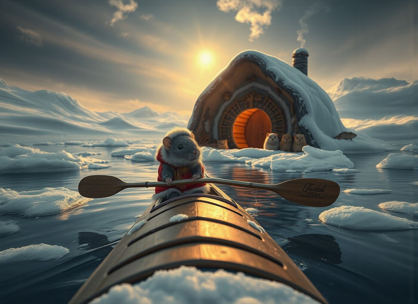 Hyperrealistic Mouse Kayaking in Arctic Under Northern Light...