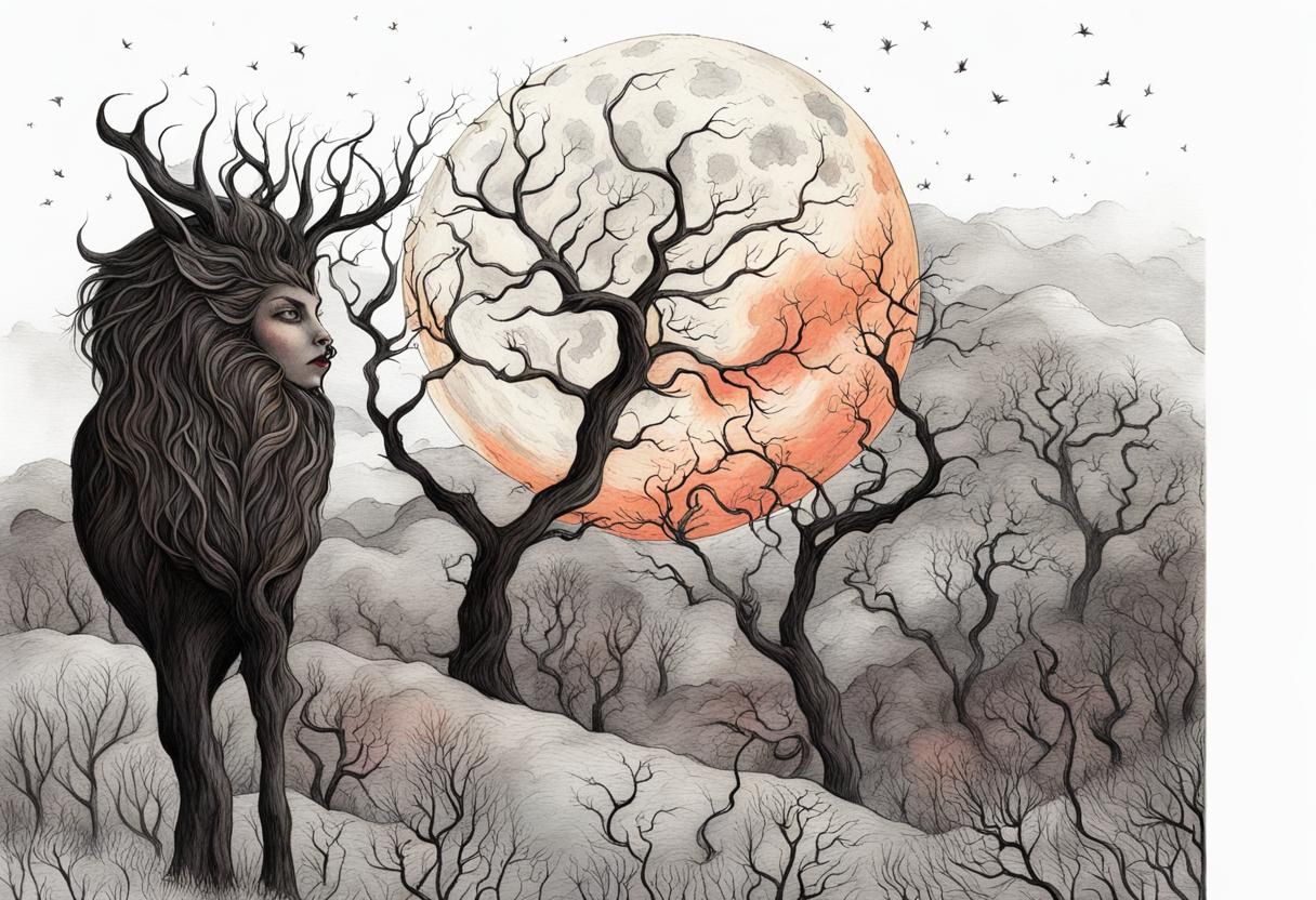 The Moon Tarot Card in Gothic Watercolor Style