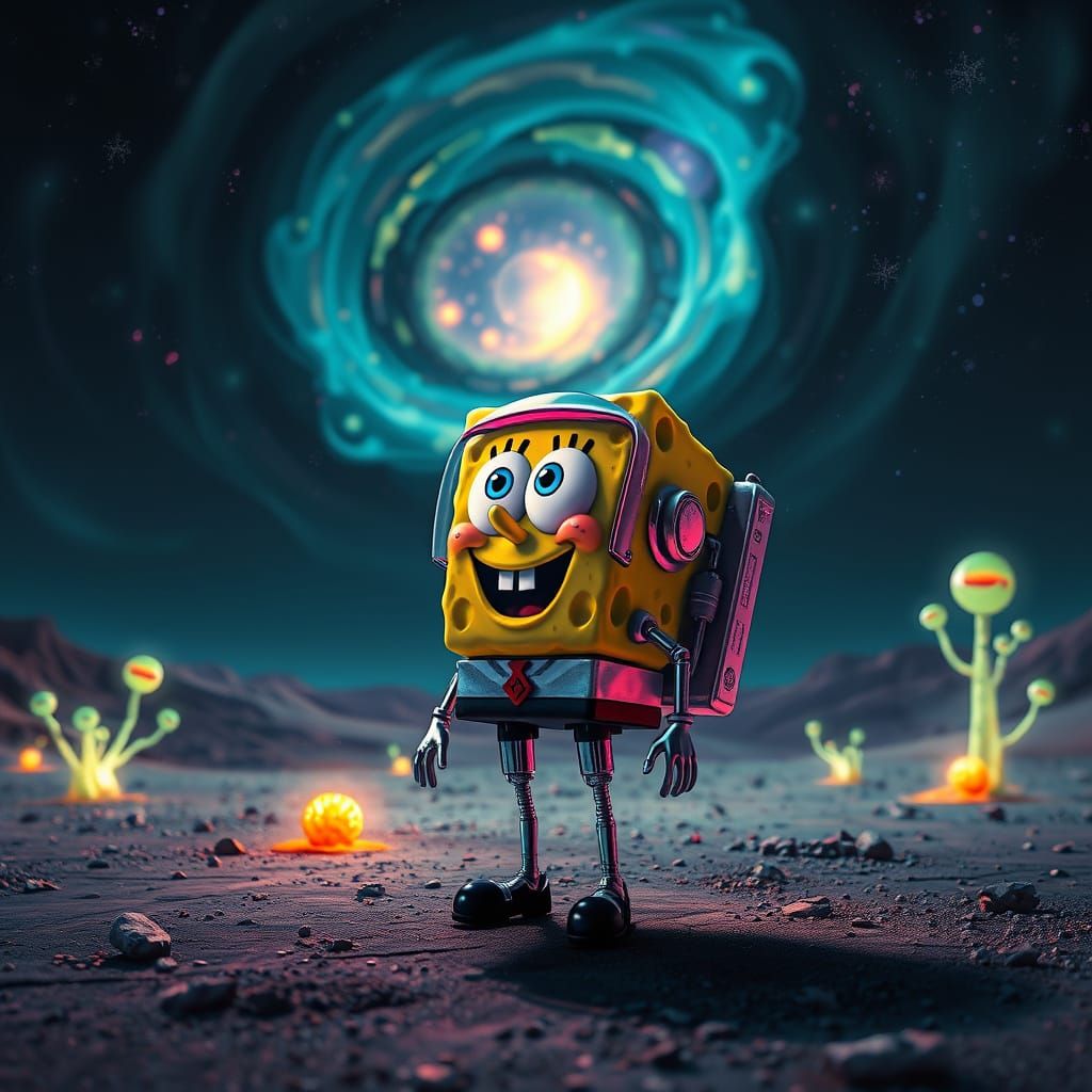 SpongeBob Astronaut on Alien Planet in Retrowave Style